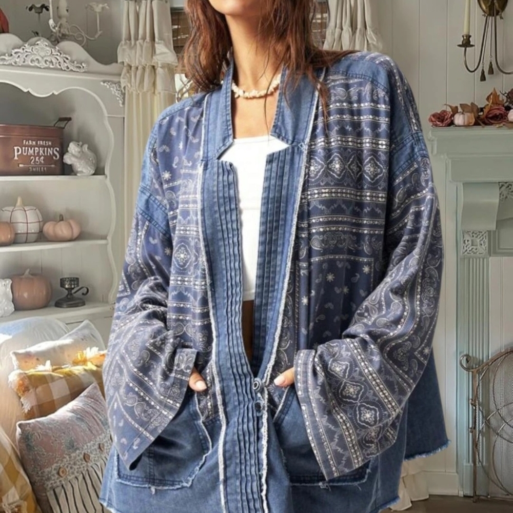 Boutique boho bohemian Blue bandana patchwork Kimono Jacket XL